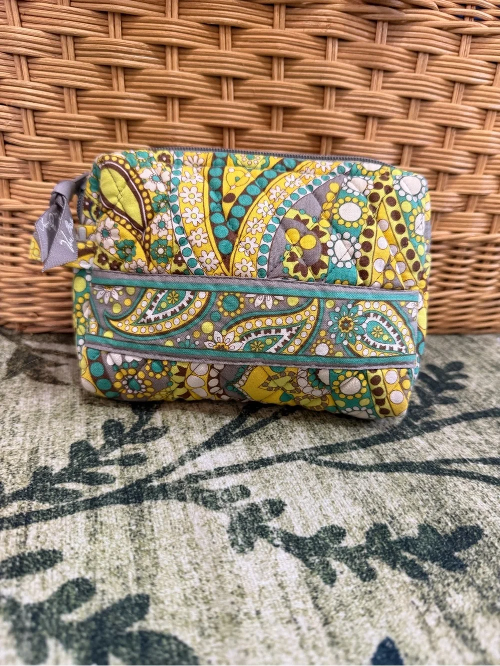 Vintage Vera Bradley Yellow Teal Paisley Quilted Zip Cosmetic Bag Pouch